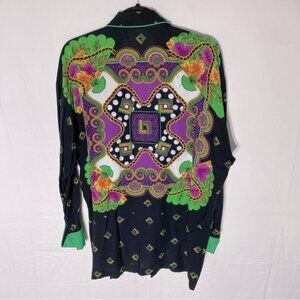 Vintage Lori Weidner Black Green Purple Bold Print Open Front Light Jacket 8